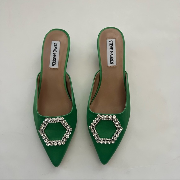 Steve Madden Green SATIN Party Kees Rhinestone Embellished Kitten Mule 6.5 Chic - Picture 6 of 11